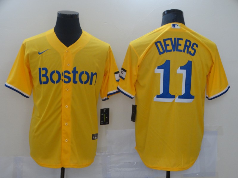 Men Boston Red Sox 11 Devers Yellow Game 2021 Nike MLB Jerseys